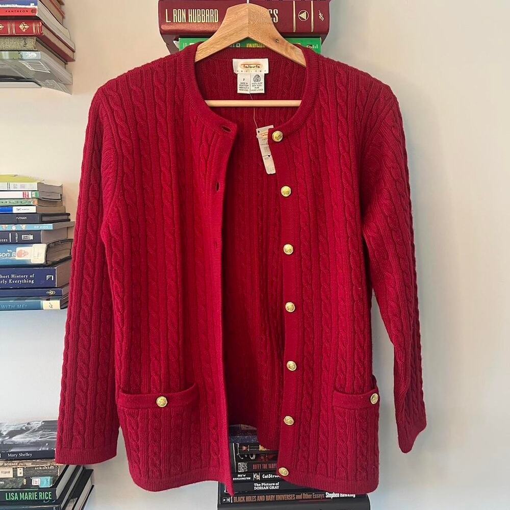 Vintage Talbots Petite Red Natural Wool Cardigan Buttons and Pockets - New Small